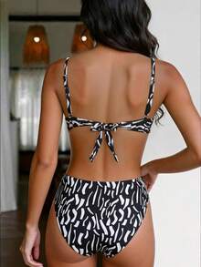2pcs Striped Print Sexy Backless High Waist Bikini Set, Suitable For Beach, Vacation, Summer - Black and White - View 3