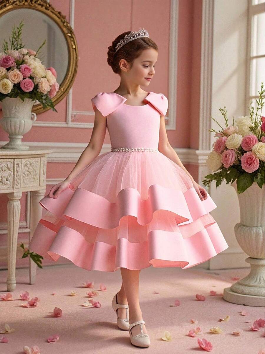 Váy dự tiệc trang trọng không tay bằng vải tuyn và satin nơ sau lưng thanh lịch dành cho bé gái, thích hợp cho bé gái rải hoa, đám cưới, tiệc chiêu đãi, không bao gồm băng đô - Hồng - Xem 1