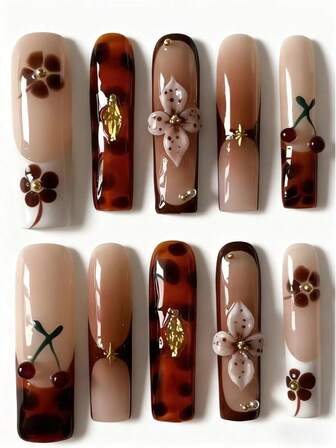 10片手工水钻花朵猫咪美甲贴纸，按压式奢华加长哑光猫爪假指甲，闪亮耀眼，适合上学/节日派对/婚礼/日常佩戴