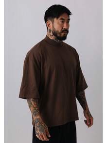 Premium High Neck Over Boxy T-Shirt - 鏽棕色 - 查看 3