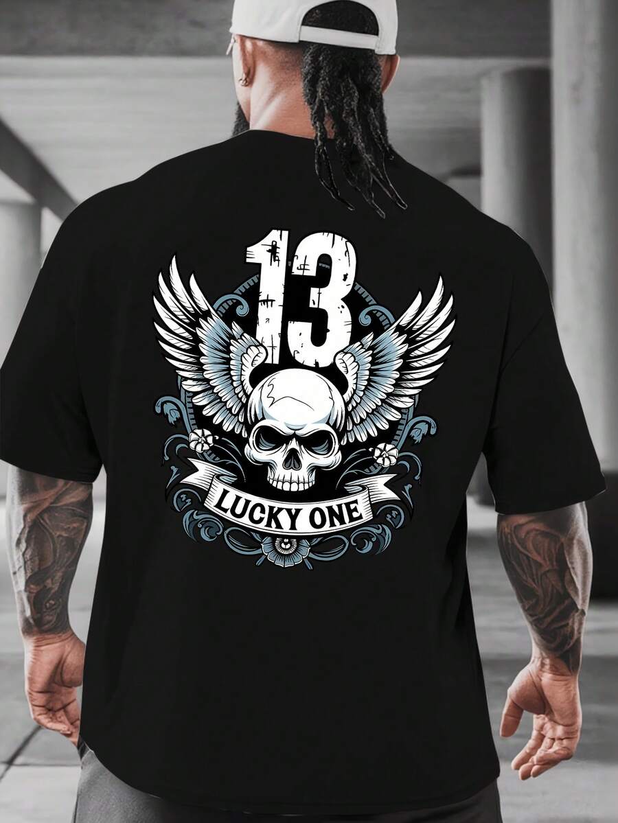Luck One 13 Nueva Camiseta de Verano para Hombre con Estampado en la Espalda, Camiseta de Manga Corta, Top de Moda y , Camiseta de Base de Cuello Redondo para Primavera y Verano, Versátil y Transpirable, Adecuada para Vacaciones en la Playa - Negro - Ver 1