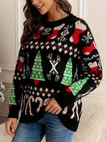 Plus Size Women's Pullover Sweater, European & American Fashion Christmas Element Design, Classic Christmas Tree & Candy Cane Pattern