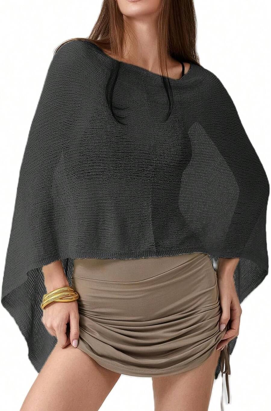 Womens Sheer Poncho Top Cute Lightweight See-Through Shrug Pullover Beach Cover-Up Tops,29632418 - màu đen - Xem 1