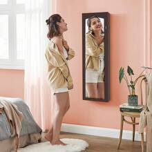 Espejo Organizador con LED,120CM Espejos para Puerta con Joyero,Espejo Joyero,Espejos Organizador de Joyeria,6 Cajas de Almacenamiento 120 * 37 * 8.7CM - Marrón - Ver 3