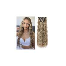 Clip In Hair Extensions, 6PCS Curly 24inch Long Synthetic Clip On Hairpiece For Women Cool Brown With Blonde Highlights,CoolBrownwithBlondeHighlights-Wavy - 冷棕色帶金色挑染-波浪捲 - 查看 1