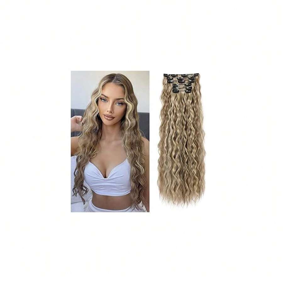 Clip In Hair Extensions, 6PCS Curly 24inch Long Synthetic Clip On Hairpiece For Women Cool Brown With Blonde Highlights,CoolBrownwithBlondeHighlights-Wavy - 冷棕色帶金色挑染-波浪捲 - 查看 1