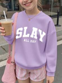 1PC Tween Girls Personalized Style Cool Slogan Print Crew Neck Sweatshirt, Soft And Comfortable, Spring Autumn Daily Leisure Wear - Purple - View 1