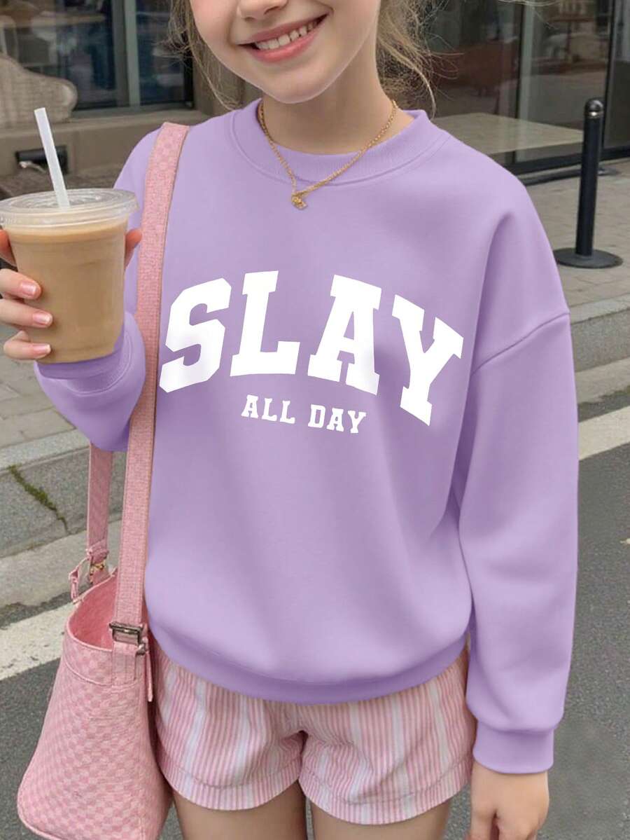 1PC Tween Girls Personalized Style Cool Slogan Print Crew Neck Sweatshirt, Soft And Comfortable, Spring Autumn Daily Leisure Wear - Purple - View 1