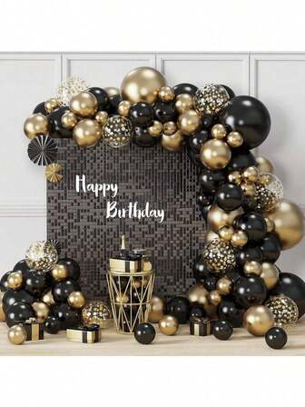 10英寸黑金亮片气球，67个装，适用于生日、新年、毕业派对装饰，生日快乐，准新娘等场合。