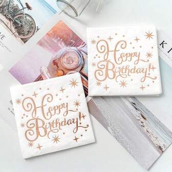 20pcs Happy Birthday Foil Stamped Napkins In Gold, Silver And Rose Gold, Party Decoration Supplies