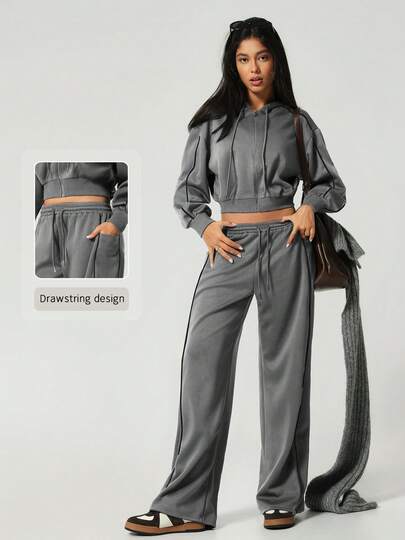 NcmRyu 1 Set Women's Fashion Drawstring Hooded Zip-Up Long Sleeve Jacket With Side Pockets, Sports Suit