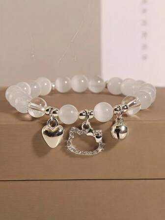 Sanrio 三丽鸥 Hello Kitty Y2K 风格串珠弹力手链，配心形吊坠，可爱卡通手链，生日节日配饰；新款超仙女蝴蝶仿珍珠手链，适合ins风，百搭不褪色，送给女朋友的生日礼物手链