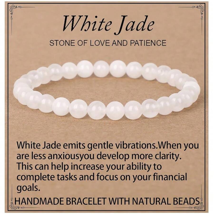 LPBeads Handmade Natural Gemstone Stretch Elastic Bracelet Healing Crystal Round Stone Beads Jewelry Gifts For Women Men,6mm,WhiteJade - 白玉 - 查看 1