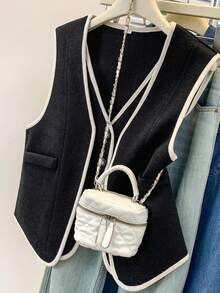 YUXIN Spring/Auto/Winter Retro 2 In 1! Women's Woolen Vest V-Neck Contrast Trim Double Pockets Soft Office Style - Black - View 7