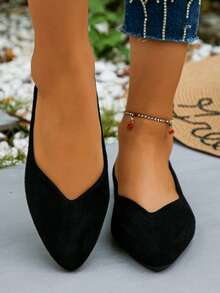 Spring & Autumn New Pointed Toe Flat Slip-On Shoes, Fashion Black Low Vamp Casual Flats, Suitable For Daily Wear, Plus Size 35-45, Lightweight & Comfortable, Suitable To Wear With Dresses - Black - View 5