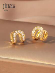 Hihho 1 Pair Luxury Cubic Zirconia Geometric 3D U-Shaped Earrings, Fashionable & Elegant Jewelry Gift For Women - Double U-shaped - View 15