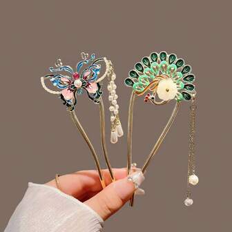1 pieza Nuevo Clip de Cabello con Estilo Chino 2025 de Pavo Real y Mariposa, Accesorio de Cabello de Cheongsam Antiguo, Accesorios de Cabello