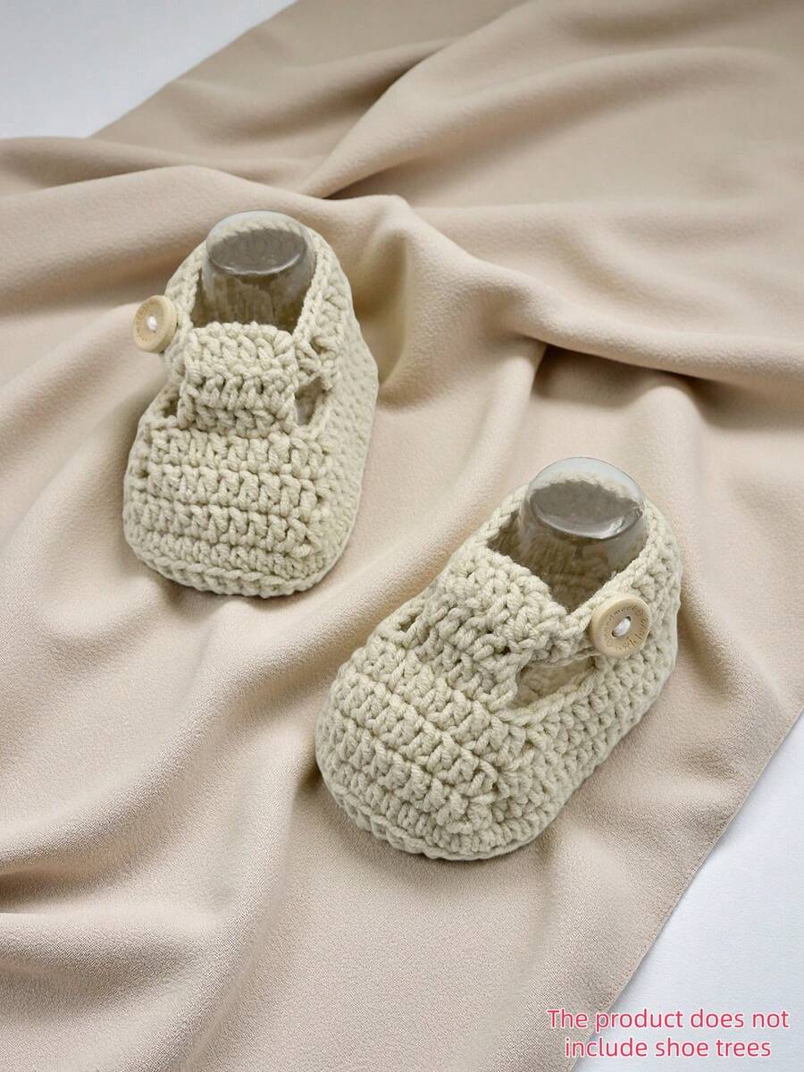 1 Pair Handmade Crochet Infant Shoes, Red, Button Closure, Infant Shoes - Beige - View 1