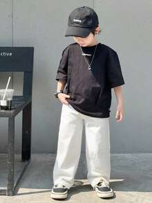 Young Boy Wide Leg Adjustable Elastic Waist Loose Fit Denim Jeans