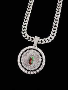 1件时尚经典圣母玛利亚造型吊坠，搭配13毫米全镶钻链，男女皆宜的嘻哈摇滚街头风格圣母玛利亚吊坠项链，朋克复古项链，适合日常佩戴或派对，情人节礼物，两种链长可选 - 銀色 - 查看 5