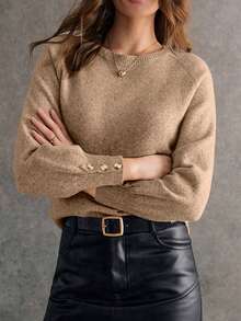 Acelitt 女士驼色纽扣泡泡袖极简圆领针织衫，秋季 - 卡其色 - 查看 3