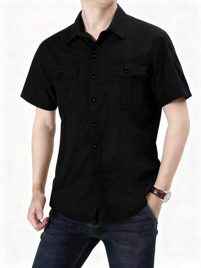 Camisa de manga corta para hombre, camisa casual de color negro sólido de estilo militar para el verano, camisa tipo chaqueta de ropa de trabajo