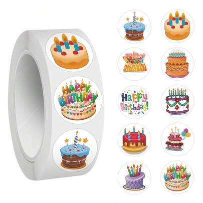 Rollo de pegatinas de pastel de cumpleaños, 10 estilos de pegatinas de vinilo para botellas de agua, scrapbook, diarios, portátiles, etc. para obsequios de fiesta de cumpleaños, decoración, paquete de pegatinas lindas (500 por rollo)