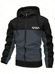 Men's Long Sleeve Casual Sports Style Color Block Letter Print Zip-Up Drawstring Hooded Jacket For Spring And Autumn, For Fall