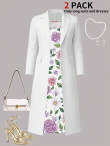 Plus Size Women's Spring/Summer Long Dress 2-Piece Set: Casual Versatile Long Solid Color Cardigan Jacket + Loose Round Neck Sleeveless Printed Long Elegant Dress