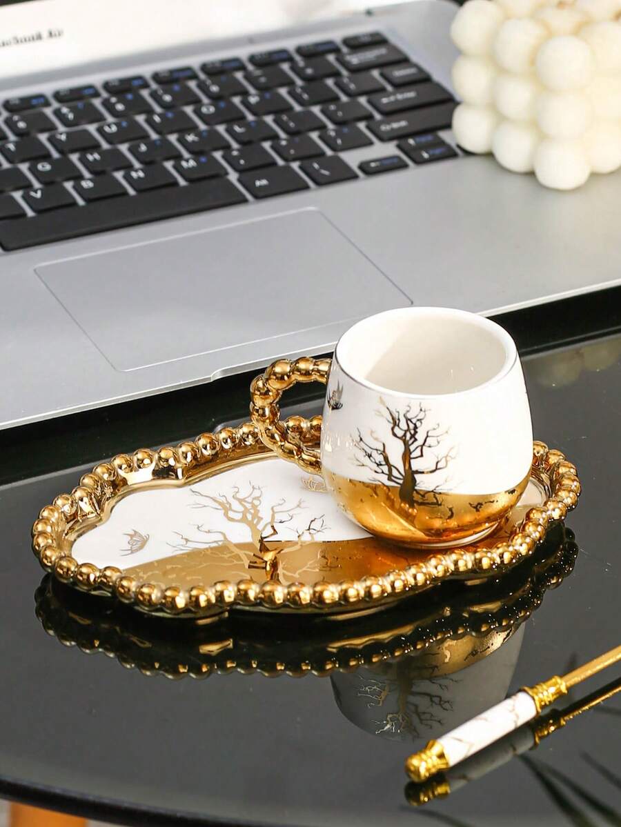 1 Set Ceramic Coffee Cup & Saucer, Suitable For Home Kitchen, Restaurant, Living Room, Gift, Drinking Tea, Coffee, Milk, Juice, Wedding, Party, Birthday