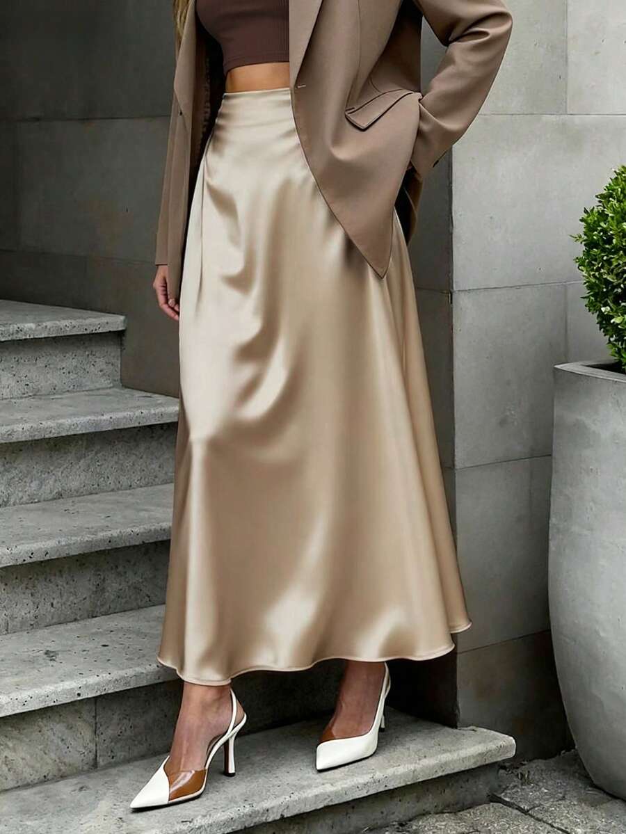 EARO 女式欧美时尚优雅缎面高端日常百搭半身裙，高腰修身弹力及膝 A 字喇叭裙，秋冬 - 杏色 - 查看 1