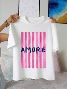AMORE Striped Artistic Pattern Women Casual Round Neck Short Sleeve T-Shirt, Summer - White - View 1