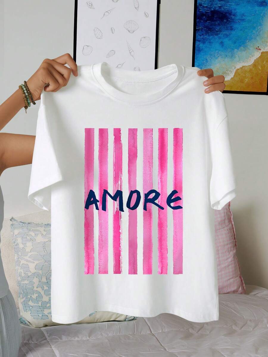 AMORE Striped Artistic Pattern Women Casual Round Neck Short Sleeve T-Shirt, Summer - White - View 1
