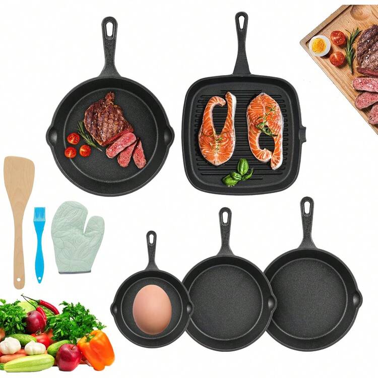 Sartenes De Hierro Fundido, Juego De 5 Sartenes, Sartenes Antiadherentes Con EspáTula Y Guantes, SartéN De Hierro Forjado Grill, Para FreíR, Saltear, Filete, SalmóN - 10/14/16/20/24cm - 240 mm - Añade 1