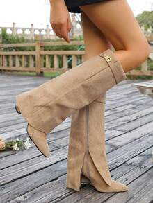 2025秋冬春夏新款欧美尖头高筒女靴，修身直筒靴，坡跟骑马靴 - 杏色 - 查看 7