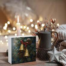 1pc Vintage Christmas Bells Wooden Box Sign, Vintage Christmas Decor, Rustic Winter Xmas Pinecones Holiday Wood Block Box Sign For Home Bedroom Office Desk Shelf Tabletop Wall Decor, 5*5 Inches/12.7*12.7cm - White - View 7