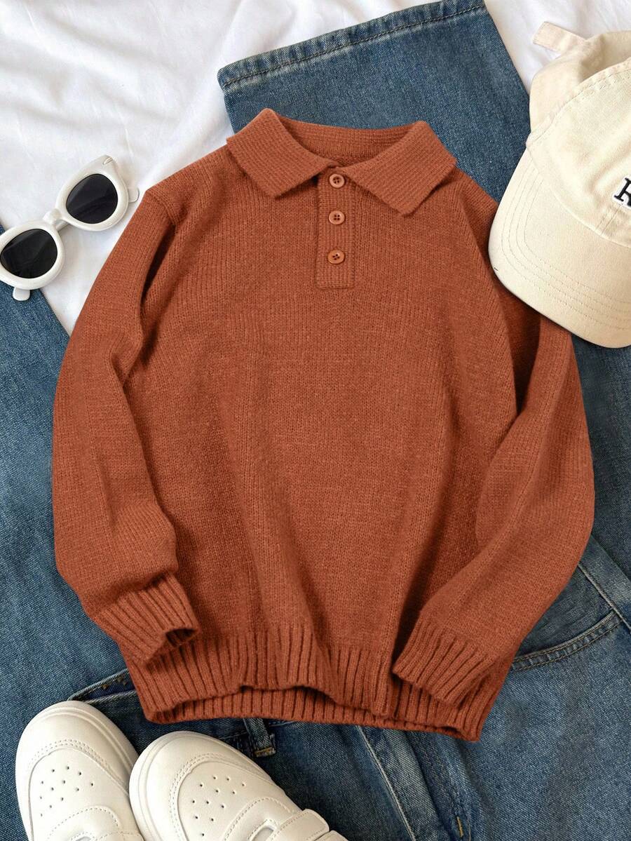 1 件男童/青少年学院风纯色半襟领针织套头衫，长袖，适合秋冬季