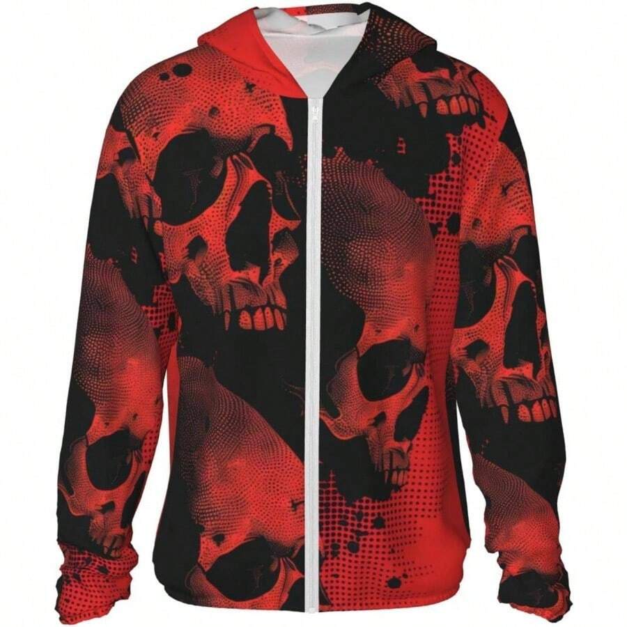 chamarra ligera con capucha y cierre con diseo de calavera abstracta roja y negra, manga larga para mujeres y hombres - CH - Ver 1