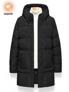 Herren einfarbiger minimalistischer Kapuzenmantel mit Mittellanger Wattierung, Winter - Schwarz - Übersicht 4