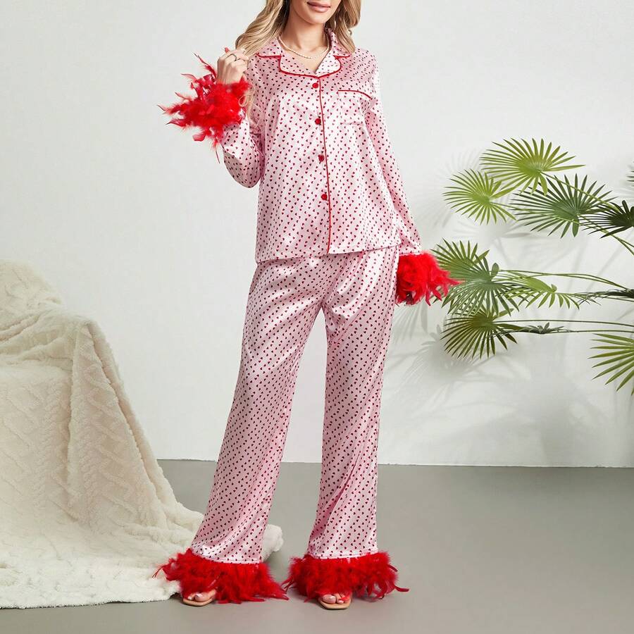 Women 2 Piece Lounge Set Heart Printed Long Sleeve Button Down Shirt And Pants Feather Trim Pajamas Sleepwear Set Women Feather Pajamas Silk Satin Lounge Sets Long Sleeve Button Down Shirts And Pants 2 Piece Pj Set - 珊瑚紅 - 查看 1