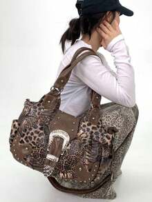 Y2K街头风女士个性化豹纹手提包，大容量复古铆钉工艺单肩包，多口袋拼接设计，可拆卸肩带，斜挎包，日常、工作、派对皆宜，是绝佳的节日时尚礼物。 - 棕色 - 查看 6