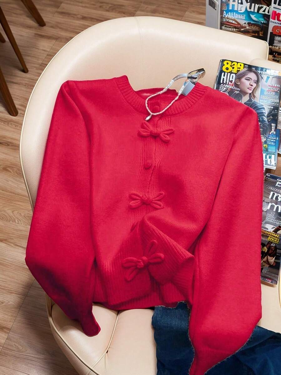 JIANHU Spring Butterfly Knit Cardigan, Short Design, Suitable For Petite Figure, Elegant Versatile, Create Fashionable Look - Red - View 1