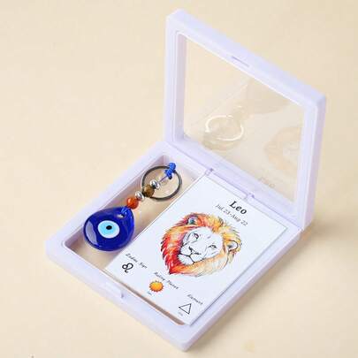 1 PIEZA Grava de cristal de amatista natural, llavero con ojo del diablo del zodíaco, caja de regalo para mujeres y hombres, joyería, yoga, reiki, chakras, meditación, regalo de Navidad y Acción de Gracias