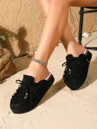 Women's Comfortable Thermal Lined Warm House Slippers, Butterfly Tassel Bohemian Style Thick Sole Mule Slip-On Loafers, Suitable For Indoor And Outdoor Wear In Winter