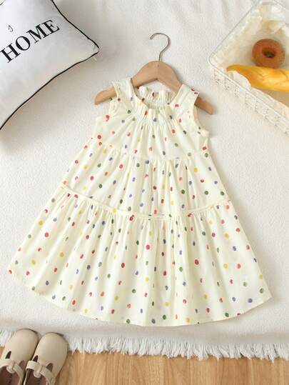 女童休闲彩色波点喇叭连衣裙，简约公主风夏季连衣裙