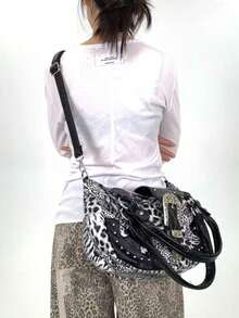 Y2K街头风女士个性化豹纹手提包，大容量复古铆钉工艺单肩包，多口袋拼接设计，可拆卸肩带，斜挎包，日常、工作、派对皆宜，是绝佳的节日时尚礼物。 - 棕色 - 查看 8