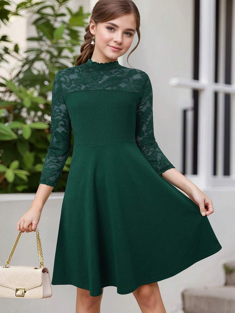 Tween Girl Elegant Lace Patchwork 3/4 Sleeve Party Dress - Green - View 1