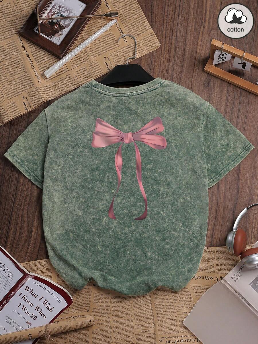 ZZG Es Truss 女士纯棉夏季趣味印花嘻哈“蝴蝶结”个性化图案街头服饰，韩版舒适复古百搭时尚通勤多功能Y2K休闲服饰，常规小众朋克风深绿色修身圆领短袖水洗T恤