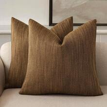 Foindtower Set Of 2 Decorative Textured Burlap Linen Throw Pillow Covers Farmhouse Boho Cushion Cover Solid Accent Pillowcase For Couch Sofa Bed Living Room Home Decor,20*20 Inch,Golden Brown,20inchx20inch(Packof2),Toffee - 乳糖 - 查看 1