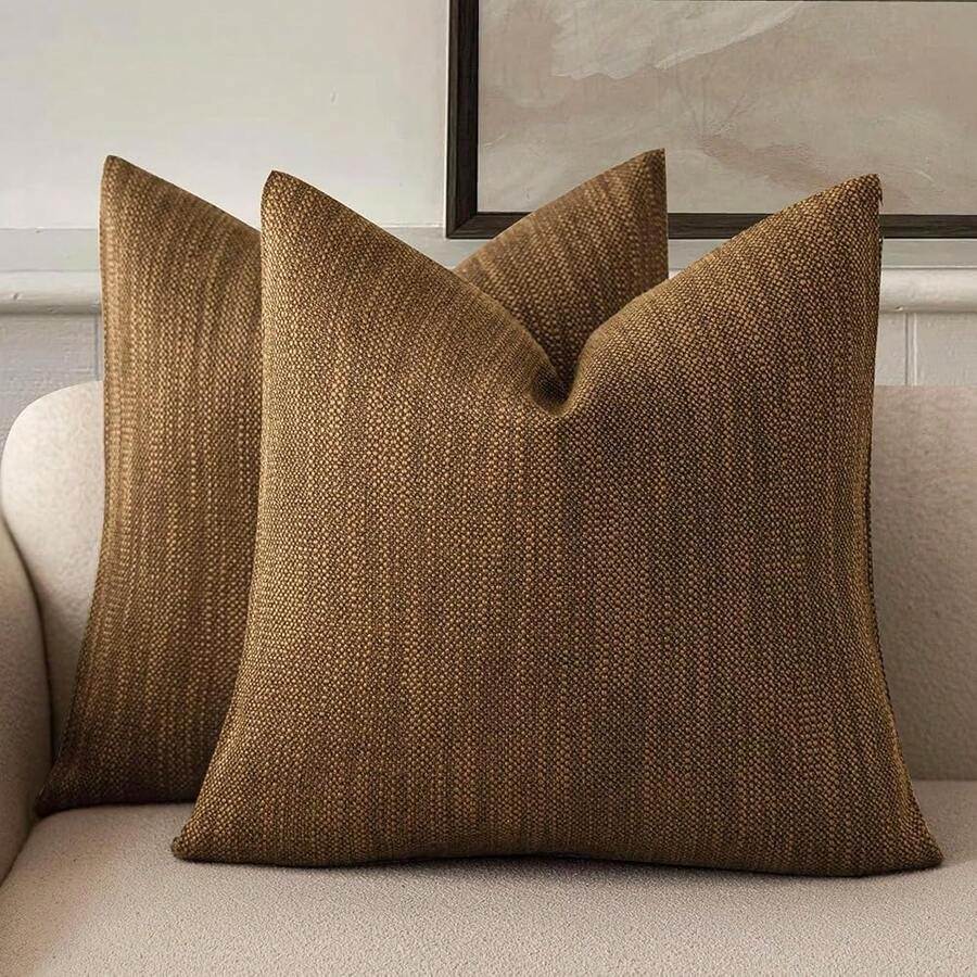 Foindtower Set Of 2 Decorative Textured Burlap Linen Throw Pillow Covers Farmhouse Boho Cushion Cover Solid Accent Pillowcase For Couch Sofa Bed Living Room Home Decor,20*20 Inch,Golden Brown,20inchx20inch(Packof2),Toffee - 乳糖 - 查看 1
